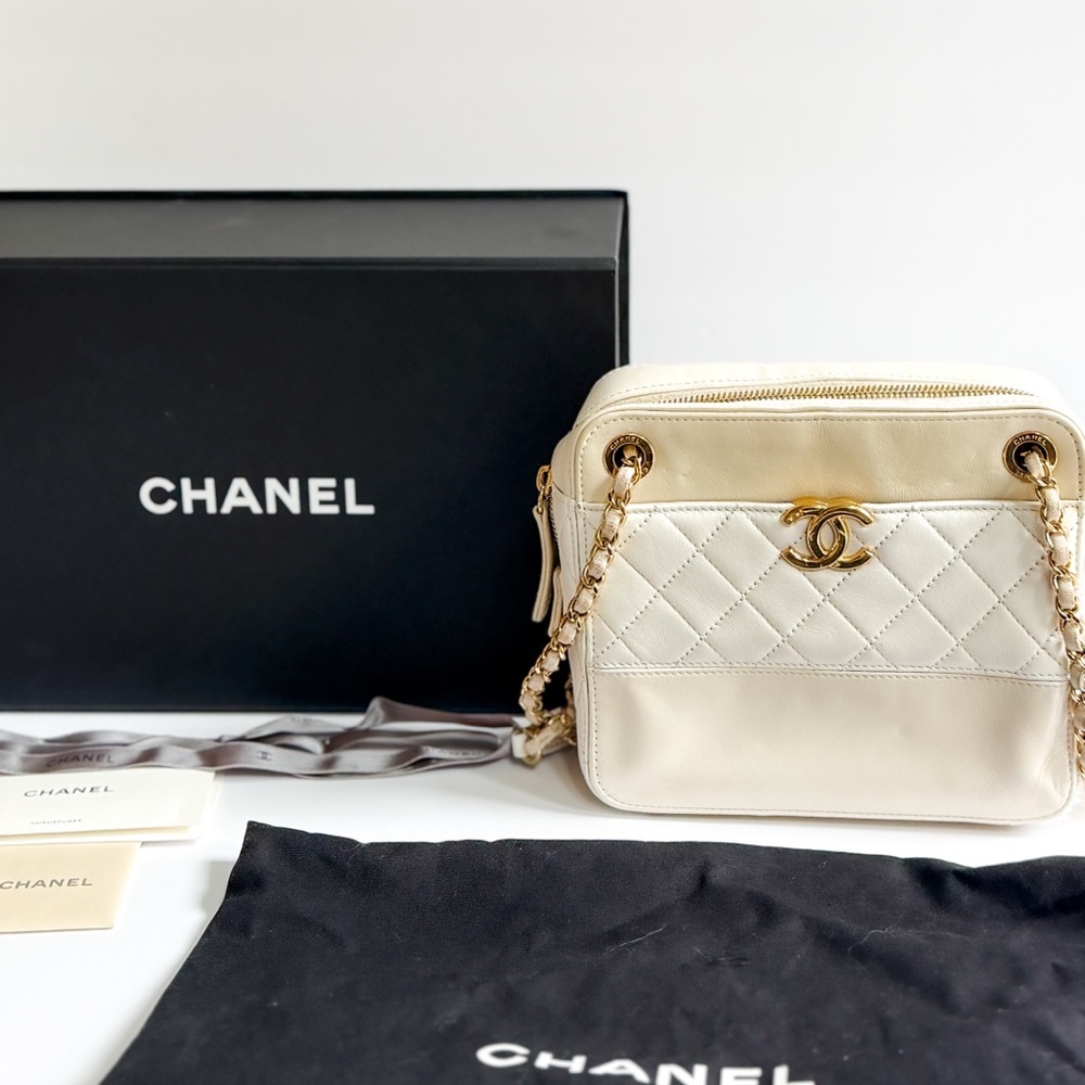 2019 Chanel Beige Matelasse Crossbody Bag with Gold Hardware.